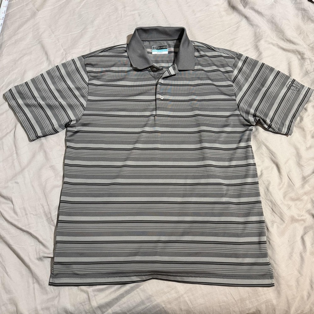 PGA Tour Polo Shirt Mens L Gray Striped Airflux Golf Short Sleeve Performance